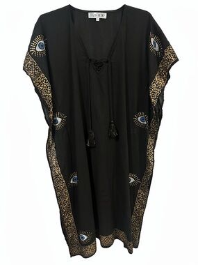 Black Evil Eye Gold Accent Kaftan Boho Coastal Luxe Mediterranean Cotton Coverup